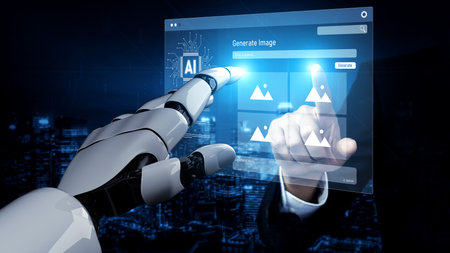 AI platform generating art images with dynamic interface. AI-generated content appears in image gallery artificial intelligence view. Genrative AI loading multiple image from AI design engine.の写真素材