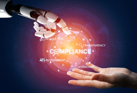 AI ensures compliance with automated policy checks, smart regulation systems, and intelligent auditing to protect organizations and improve transparency. Artificial intelligence splineの写真素材