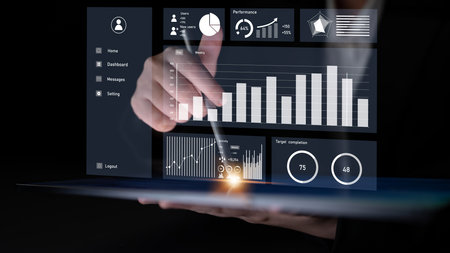 A business professional interacts with a modern analytics dashboard showcasing performance metrics...