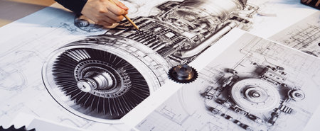 A workshop scene showcasing an intricate engine blueprint with various technical drawings and mechanical components laid out on a table, highlighting innovative engineering designs.の写真素材