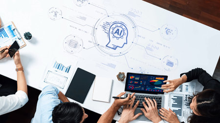 A diverse team engages in a collaborative discussion on AI technology, utilizing data analysis tools, charts, and graphs to foster innovative business solutions. Rasterの写真素材