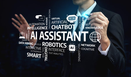 A professional man engages with a futuristic digital interface showcasing various concepts of AI assistant, highlighting automation, analytics, and innovative technology trends. Tesselの写真素材