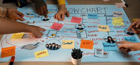 A vibrant team planning session featuring hands pointing at a detailed flowchart filled with colorful sticky notes, illustrating teamwork and creative brainstorming in action.の写真素材