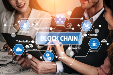 A business team engages in a discussion about blockchain technology, showcasing infographics on security, cryptography, and tokenization in a modern office setting. Tesselの写真素材