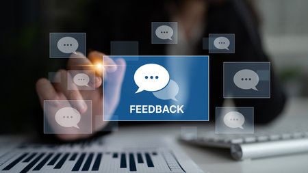 Customer or business team feedback system highlighting comments, opinions, evaluations, reviews, and suggestions from users to improve services, communication, and product quality idea insightの写真素材