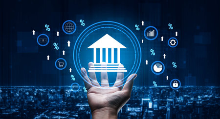 The influence of central bank monetary policy on the global banking system and economy. A concept of interest rates, inflation, and growth. Motifの写真素材