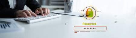 A concept of user authentication and password security. The interface shows a password strength...