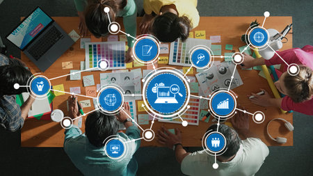 A vibrant workspace where a creative team collaborates on SEO strategies using colorful charts and...