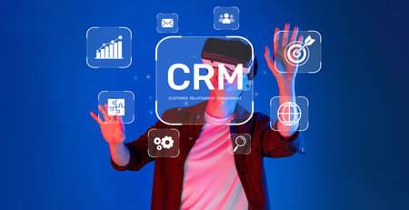 A captivating virtual reality setting showcasing customer relationship management concepts, featuring engaging data visualization and interactive elements for enhanced user connectivity.の写真素材