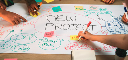 A vibrant workspace showcasing a collaborative effort for a new project featuring colorful sticky...