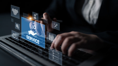 Customer service and support workflow with cooperation, communication, maintenance, and checklist icons for efficient service operation and user satisfactionの写真素材