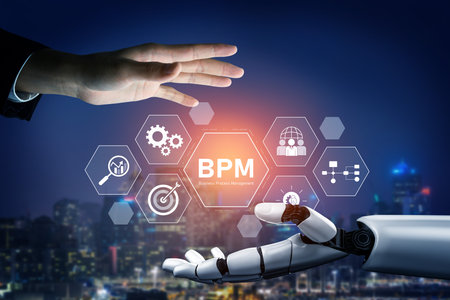AI supports BPM by analyzing processes, optimizing workflow, and increasing productivity through automation and intelligent data mappingの写真素材