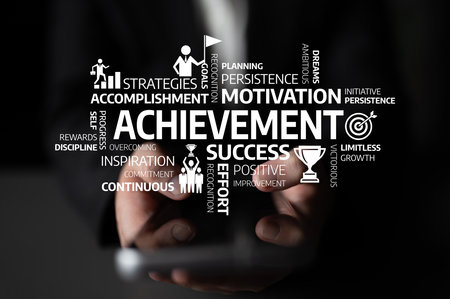 This image visualizes the concept of achievement with motivational words, symbols, and phrases, emphasizing professional growth, success, and personal development in a business context. Tesselの写真素材