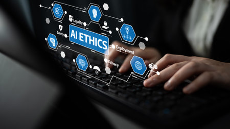 A close-up image of hands typing on a laptop while various digital icons related to AI ethics, privacy, and safety appear in the background, emphasizing responsible technology use. Tesselの写真素材