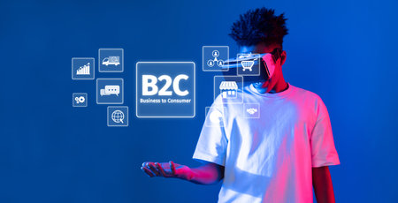 A young individual stands against a colorful backdrop, engaging with floating icons that represent the business to consumer model, symbolizing modern commerce and digital innovation.の写真素材