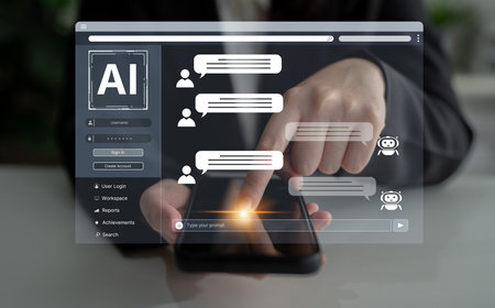 A user interface showing a conversational AI chatbot providing customer service. This virtual assistant answers user questions and provides support through an online platform.の写真素材