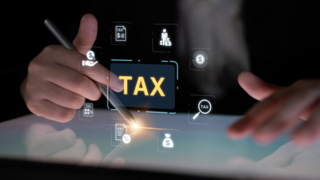 Concept of tax preparation and financial compliance. Filing official tax documents and forms for government reporting, auditing, and financial accounting purposes.の写真素材