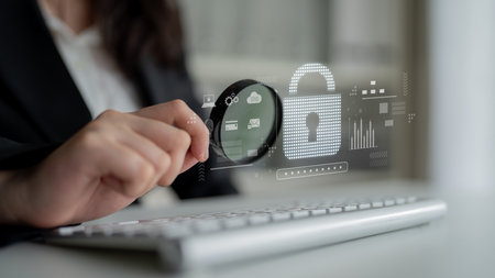 Cybersecurity protection system showing password encryption, fingerprint ID, cloud security, email, credit card, and database lock for secure data accessの写真素材