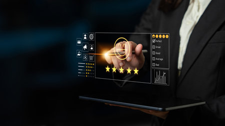 Customer feedback and satisfaction rating system showing star review, happy face, performance score, and service evaluation to improve customer experienceの写真素材