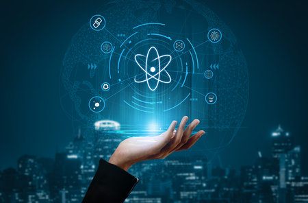 The quantum technology ecosystem as the core of future innovations. Quantum science will power advancements in AI, blockchain, and robotics. Motifの写真素材