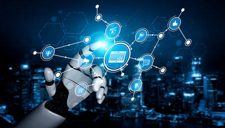 A robotic hand points toward a glowing digital interface filled with various icons, embodying themes...