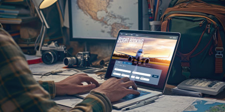 Online flight booking website provide brisk reservation system . Travel technology concept .の素材
