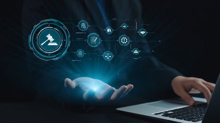 Futuristic digital law interface displaying justice scale, highlighting digital law, AI compliance,...