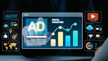 Online ads and digital marketing help brands grow. Content marketing builds engagement. Marketing tools boost ROI. Effective ads and marketing drive online business success.の写真素材