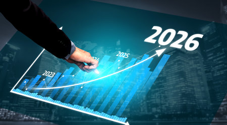 A sleek and modern business growth graph showcasing projected trends from 2023 to 2026, symbolizing...