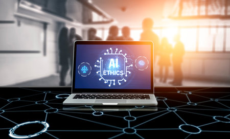 AI ethics responsibility standard law and rules on computer screen provide report of AI ethic transparency preventing technology crime. briskの写真素材