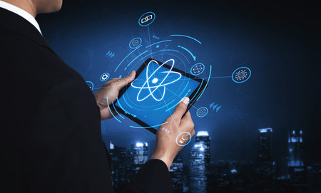 The quantum technology ecosystem as the core of future innovations. Quantum science will power advancements in AI, blockchain, and robotics. Motifの写真素材