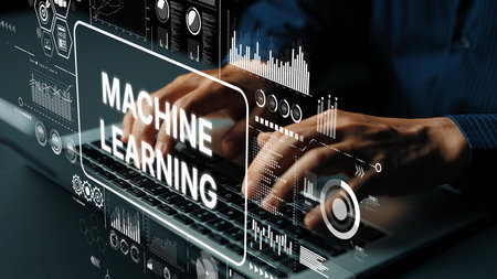 Futuristic Technology Concept with Hands Typing on Laptop and Machine Learning Graphics Overlay. Asymptotic smart data analytic.の写真素材