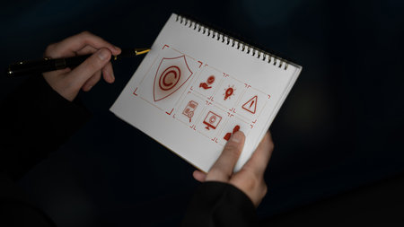 Digital copyright protection system showing secure ownership, intellectual property rights, content verification, and legal warning icons for creators and publishersの写真素材