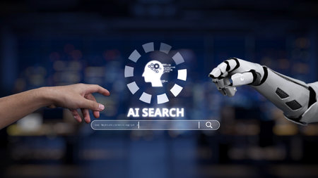 This image depicts a human hand reaching out towards a robotic hand in a digital environment, symbolizing the fusion of human ingenuity with advanced AI technology.の写真素材