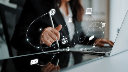 Omnichannel marketing journey showing interaction across media, email, messaging, mobile, ecommerce, and search to enhance customer experience and engagementの写真素材