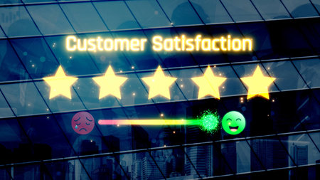 Customer satisfaction measures experience. Customer satisfaction improves service, builds loyalty, customer enhances trust, and customer satisfaction drives feedback. Marrowの写真素材