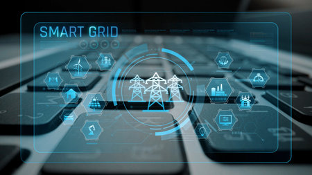 Smart grid system integrating renewable energy sources, energy storage, smart inverters, and demand response for efficient, decentralized, and modern power distributionの写真素材