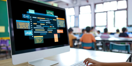 Software development or programming work with coding screen of various programming languages like HTML, , , and C brisk for new application developmentの素材