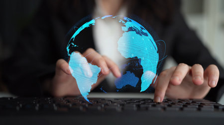 Global network connection visualization showing data exchange, digital link, worldwide communication. Global data flow and digital network infrastructure connecting regions around the world. Thunkの写真素材