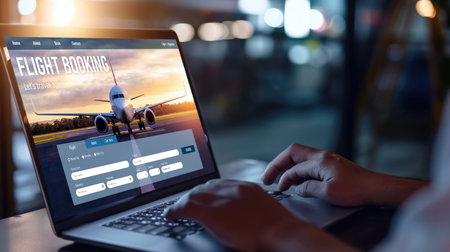 Online flight booking website provide brisk reservation system . Travel technology concept .の素材