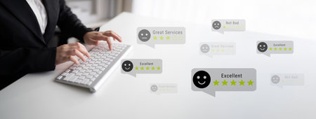 Customer satisfaction feedback levels with five-star ratings, representing positive and negative reviews, reflecting trust, reliability, and service evaluation Parseの写真素材