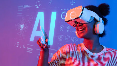 A young woman joyfully engages with virtual reality technology, surrounded by dynamic artificial intelligence graphics, showcasing innovation and digital transformation in today world. Rasterの写真素材