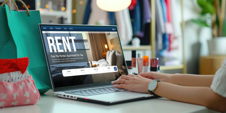 Online real estate rental search brisk on computer. House home or apartment rental website online.の素材