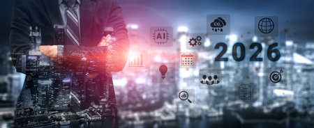 Digital icons, analytics symbols, and glowing number 2026 representing business goals, innovation,...