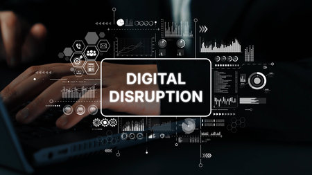 Hands on Laptop with Digital Disruption Concept and Data Analysis Graphics in Business Environment. Asymptotic smart data analytic.の写真素材