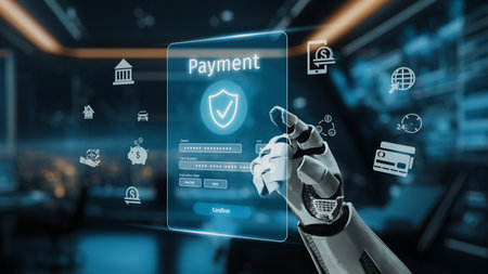 A stunning representation of a robotic hand using a digital interface for secure payment processing, reflecting the intersection of technology and finance in a modern world.の写真素材