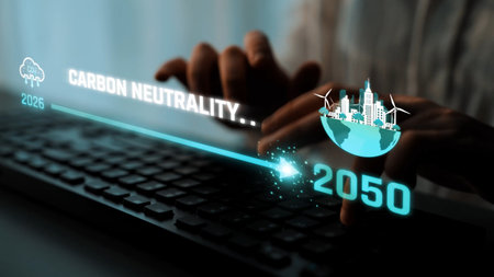 Carbon neutrality timeline illustrates carbon, neutrality, and reduction targets from 2024 to 2050 to support global sustainability and green initiatives Marrowの写真素材