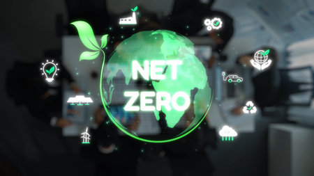 A visual representation of the commitment to achieve net zero carbon emissions, showcasing innovative approaches to sustainability and collaboration for environmental protection. Rasterの写真素材