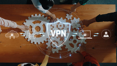 A collaborative workspace illustrating a VPN security concept with people and gear elements, symbolizing digital protection and remote networking capabilities. Rasterの写真素材
