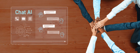 A dynamic representation of teamwork where diverse hands gather over a wooden table, emphasizing the integration of chat AI and modern communication strategies in professional settings.の写真素材